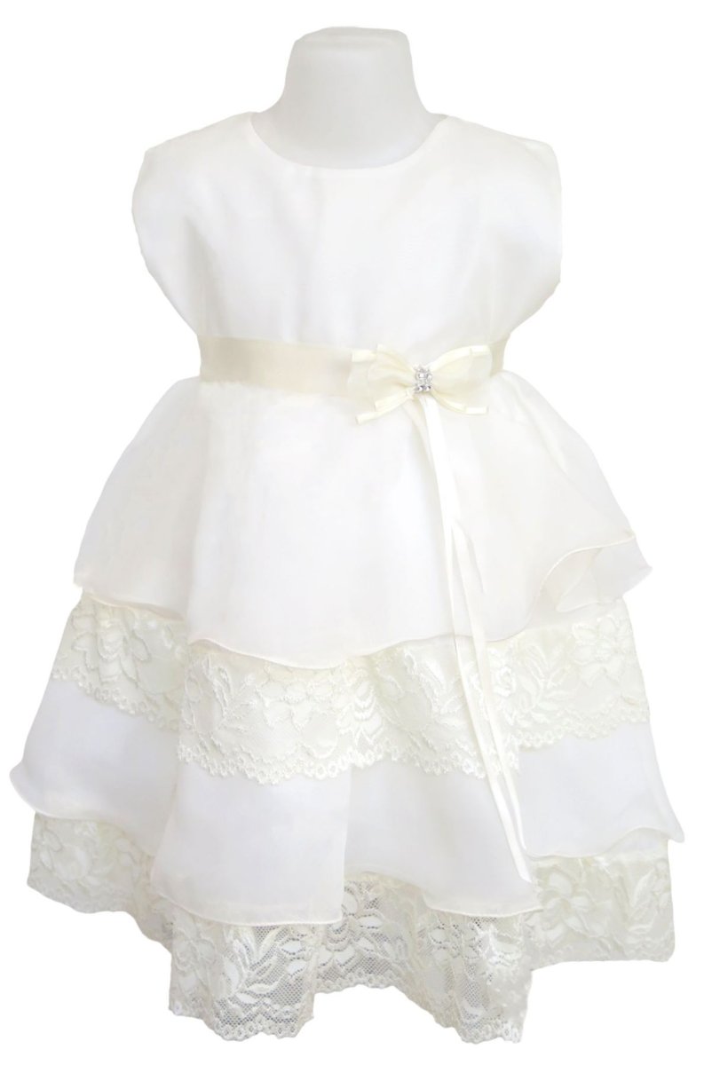 Vestido gasa con volados en encaje y cinta