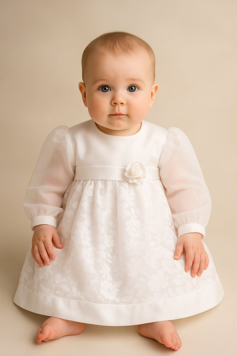 Vestido Manga Larga Con Encaje y Aplique de Flor de Bautismo