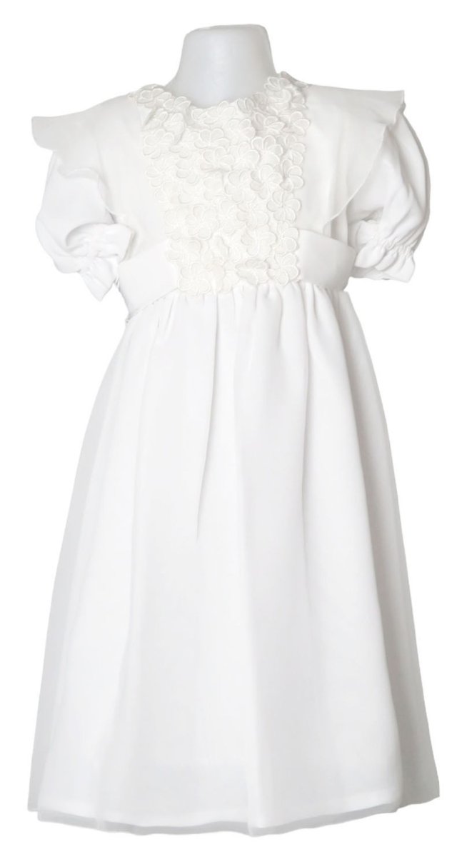 Vestido de Bautismo con Flores aplicadas en Pechera Mangas Cortas