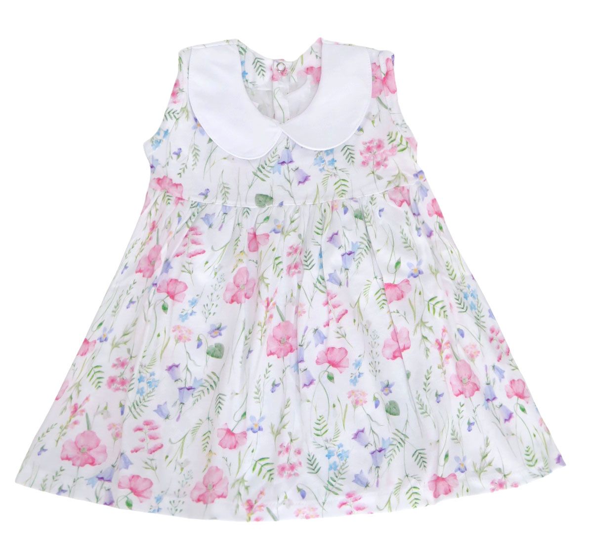 Vestido algodon estampado de Flores con alforza y cuello baby sin mangas