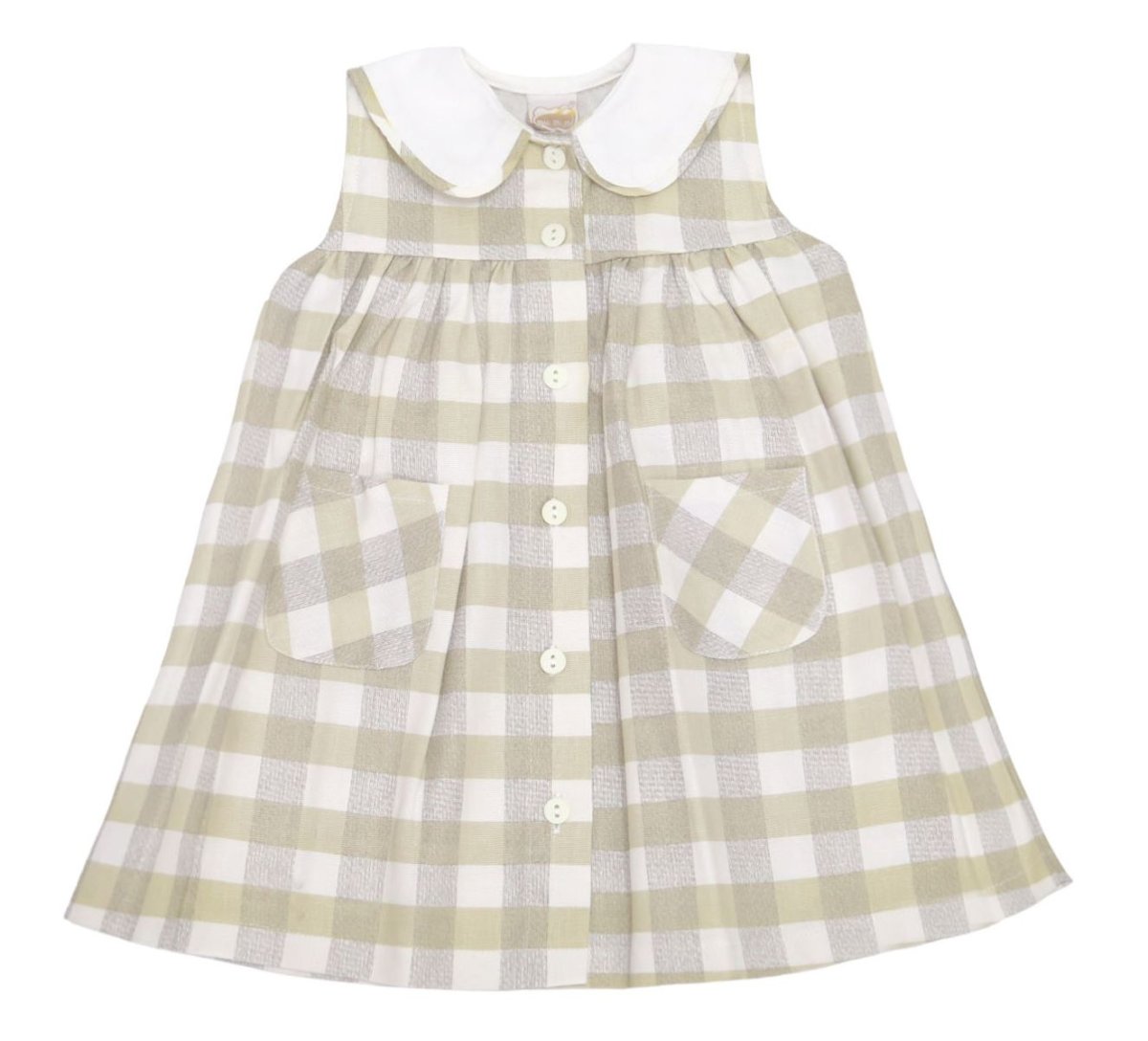 Vestido lino a cuadrille con cuello baby y botones  y bolsillos al frente sin manga