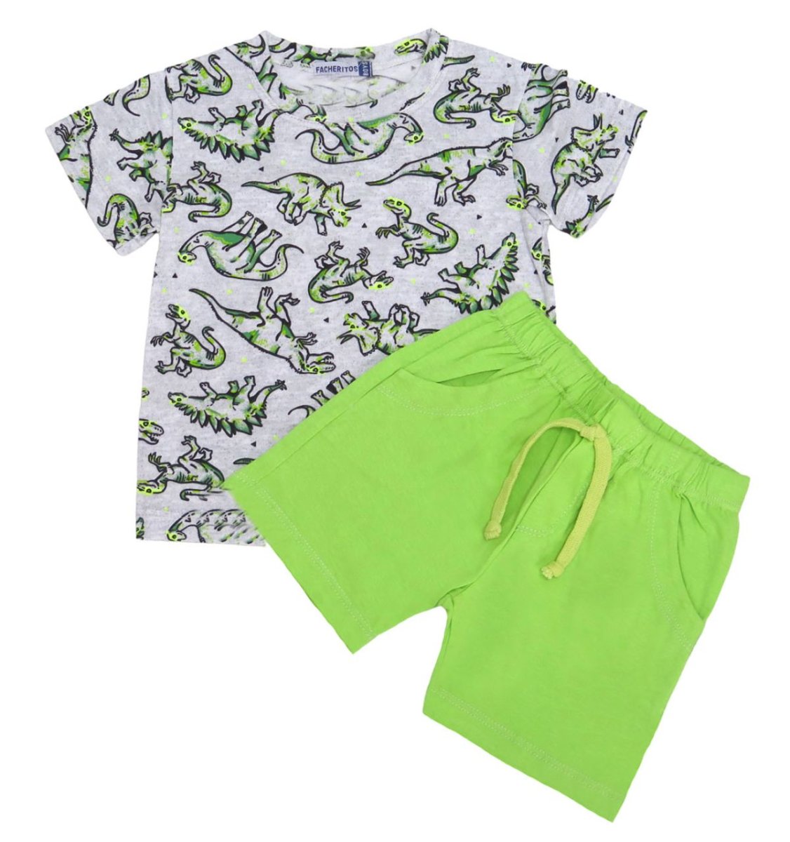 Conjunto De Algodon Remera Manga Corta Y Short Con Estampado De Dinosaurio