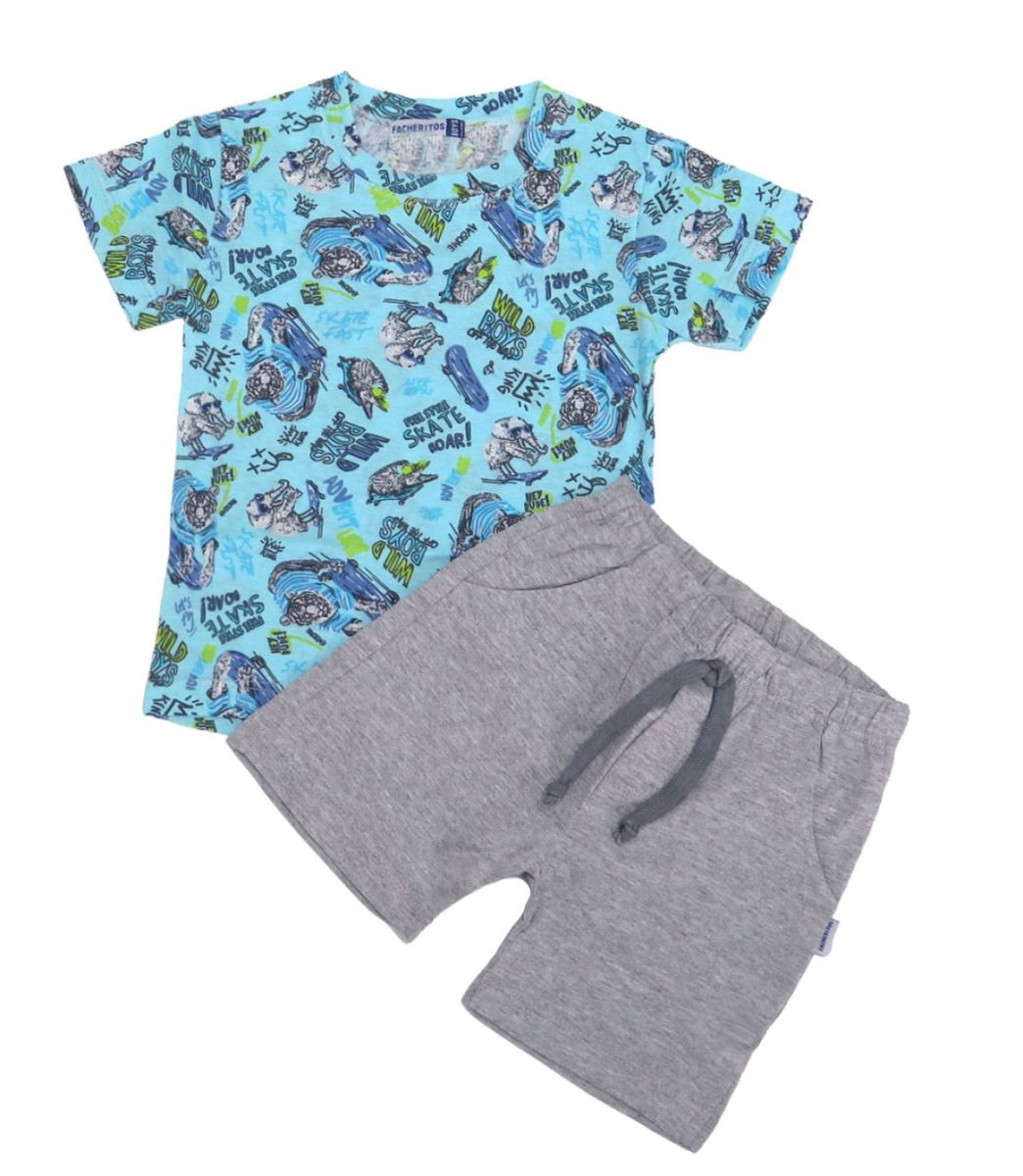 Conjunto De Algodon Remera Manga Corta Y Short Con Estampado De Dinosaurio