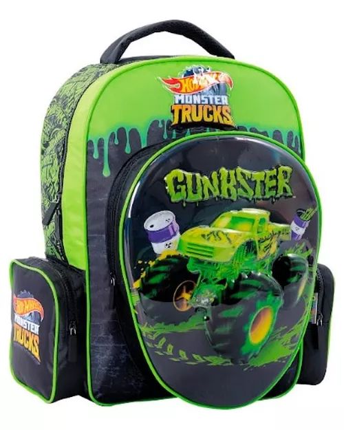 Mochila De Espalda Hot Wheels Monster Truck Gunkster - Frente Semi Rigido Relieve 3D - 17 Pulgadas