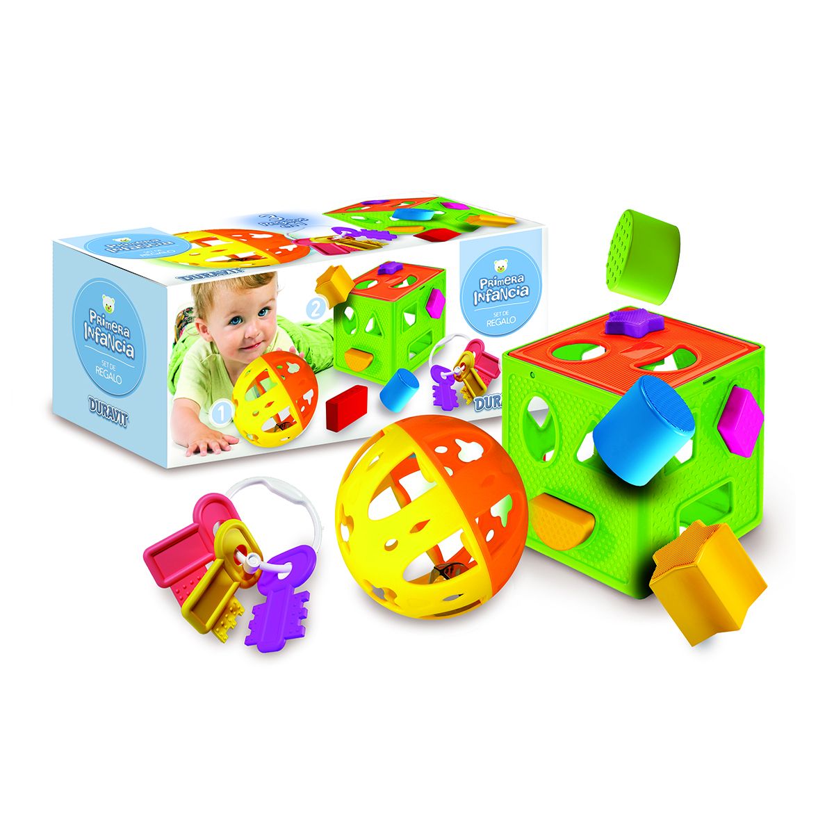 Set Didáctico 3 en 1 - Esfera Cascabel sonajero + Llaves + Cubo Encastre