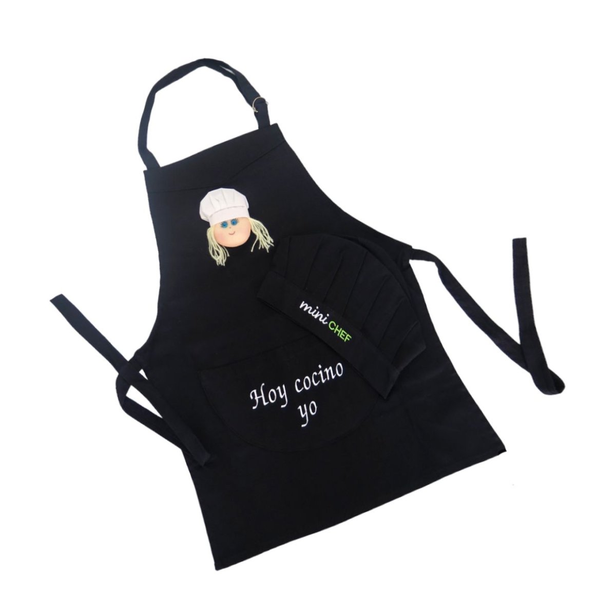 Delantal de cocina con texto en bolsillo frontal. Incluye gorro de cocinero