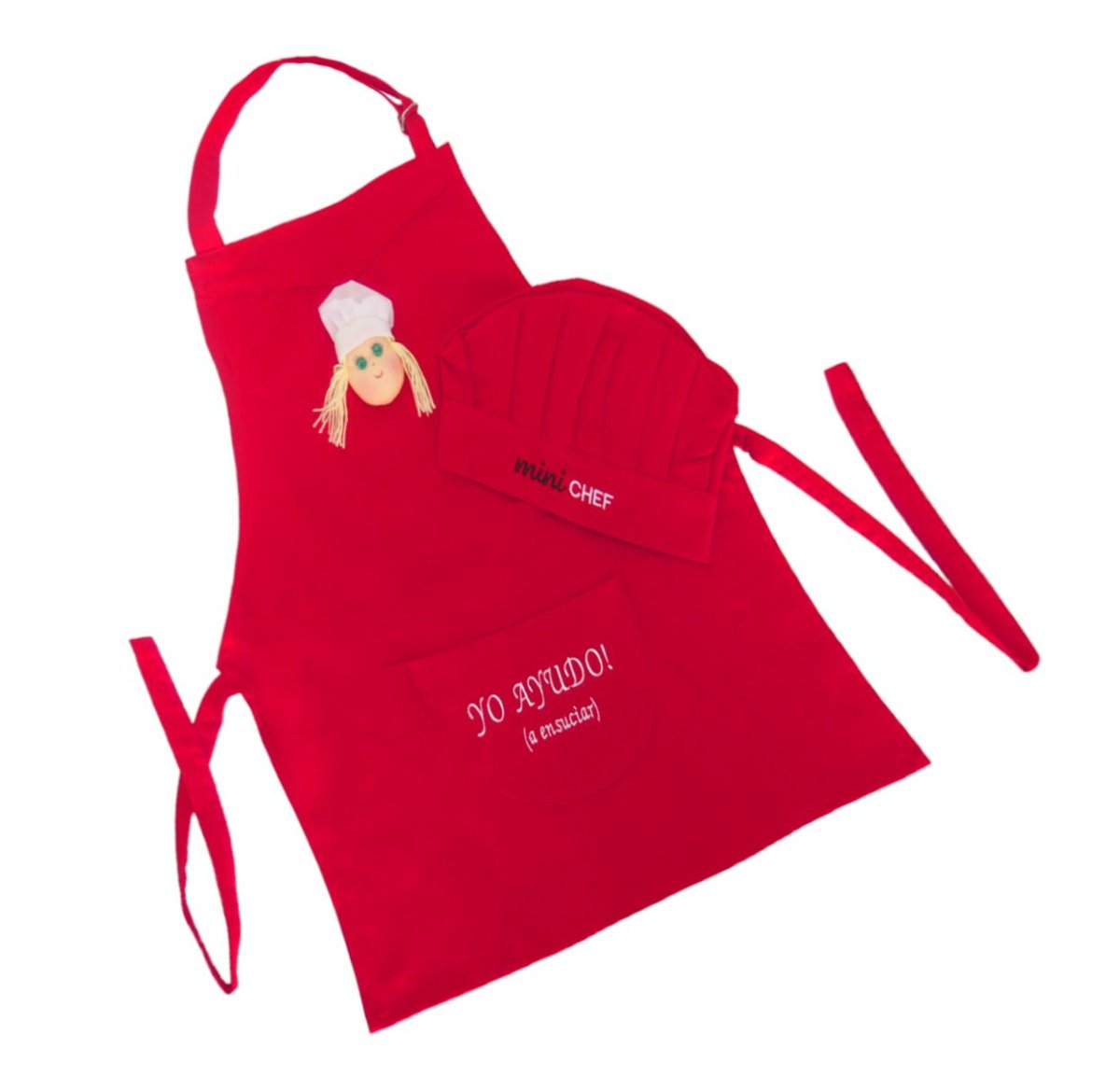 Delantal de cocina con texto en bolsillo frontal. Incluye gorro de cocinero