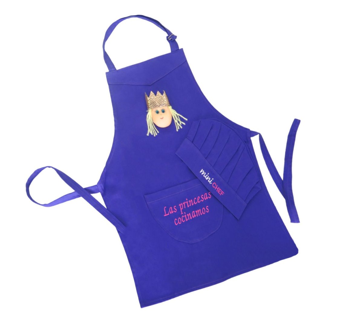 Delantal de cocina con texto en bolsillo frontal. Incluye gorro de cocinero