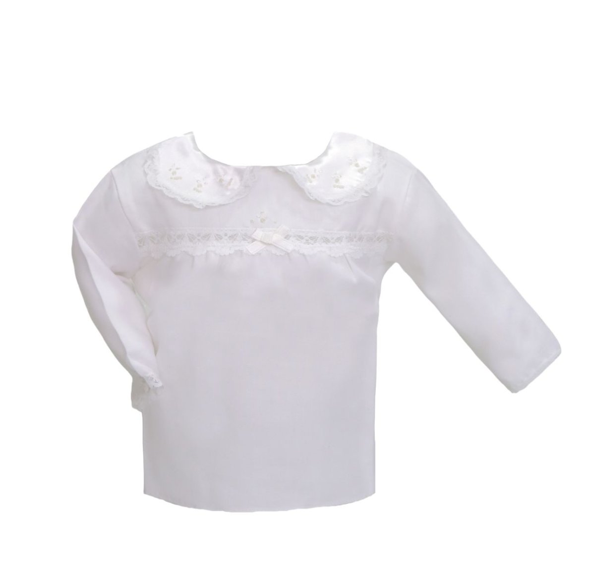 Batita Viyela con Cuello Baby en seda Puntilla Lazo en cinta y Flores Rococo Prendida Atras Manga Larga