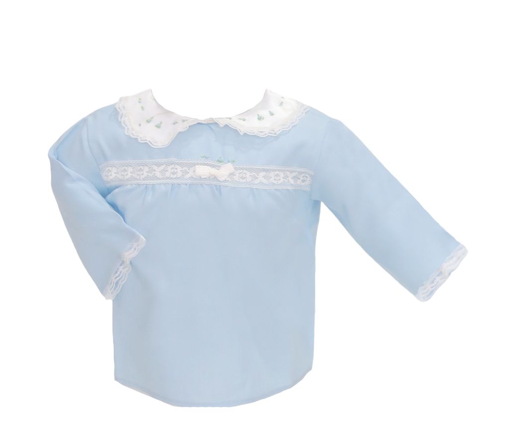 Batita de Viyela con Cuello Flores Rococo y cinta de puntilla en pecho Manga Larga