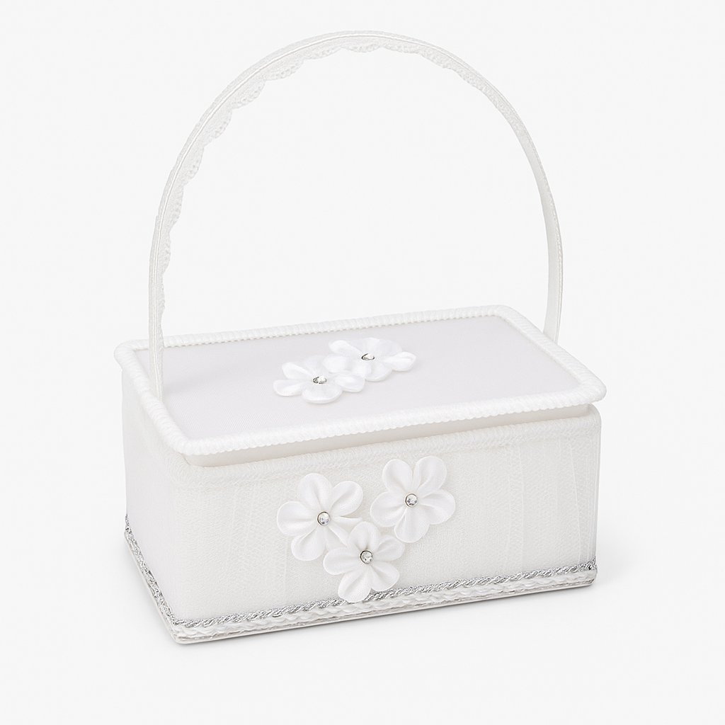 Canasta Comunion Rectangular De Tull Con Tapa Y Apliques De Flores