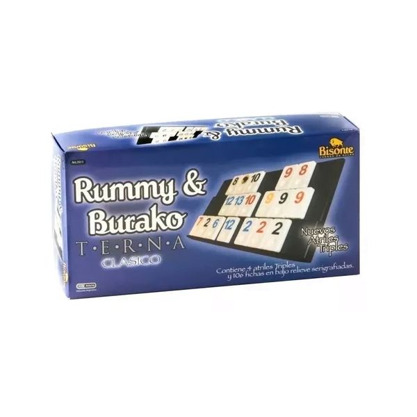 Rummy & Burako Terna Clasico - con 4 Atriles Triples y 106 Fichas en Bajo Relieve Serigrafiadas