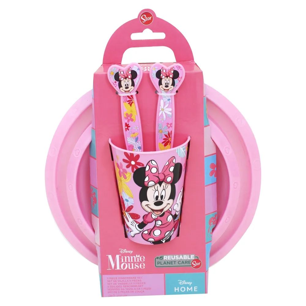 Set De Vajilla 5 Piezas Minnie Mouse - Plato Playo - Bowl - Vaso - Tenedor Y Cuchara