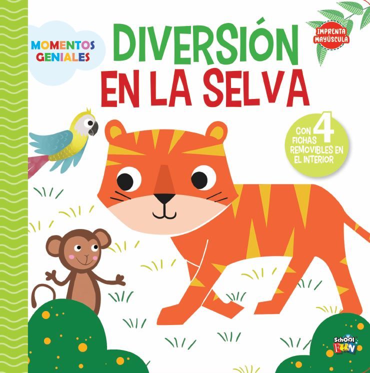 Libro Diversion En La Selva - Tapa Dura - Imprenta Mayúscula - 4 Fichas Removibles