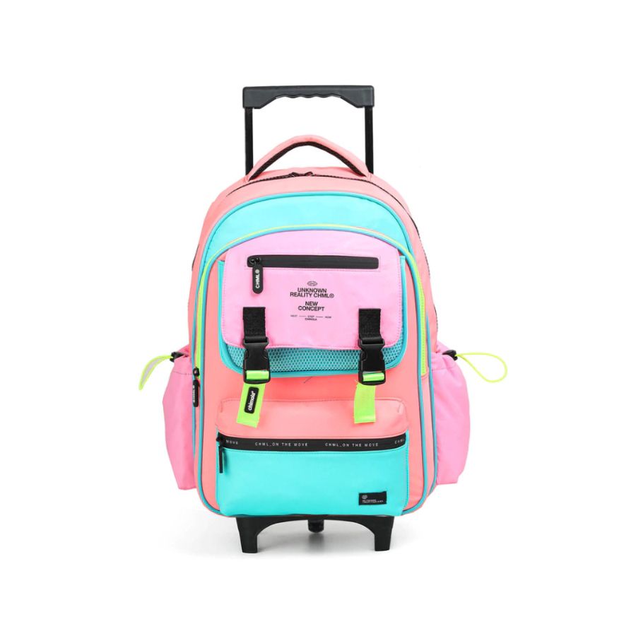 Mochila Con Carro Colorblock Coral - 18 Pulgadas