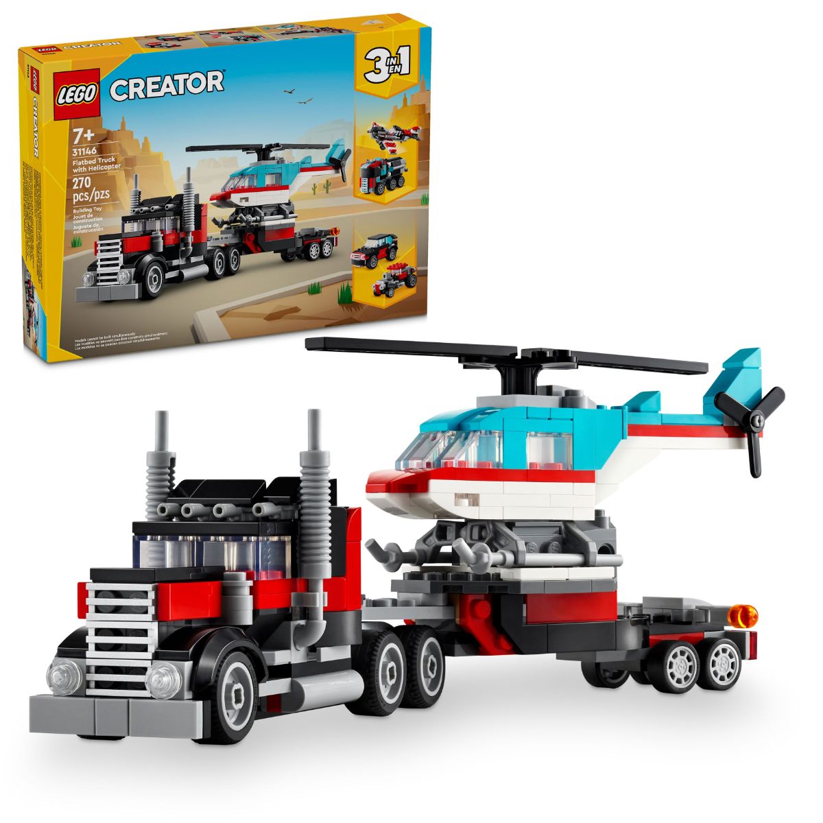 Camion Plataforma Con Helicoptero 3 En 1 - Flatbed Truck With Helicopter - Lego Creator - 270 Piezas