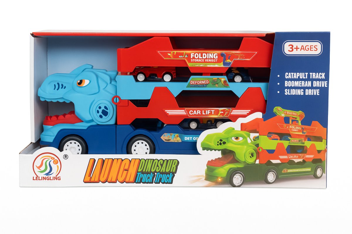 Camion Dinosaurio Con Luz Y Rampa Extensible - Dinosaur Catapult Car - Incluye 4 Autos