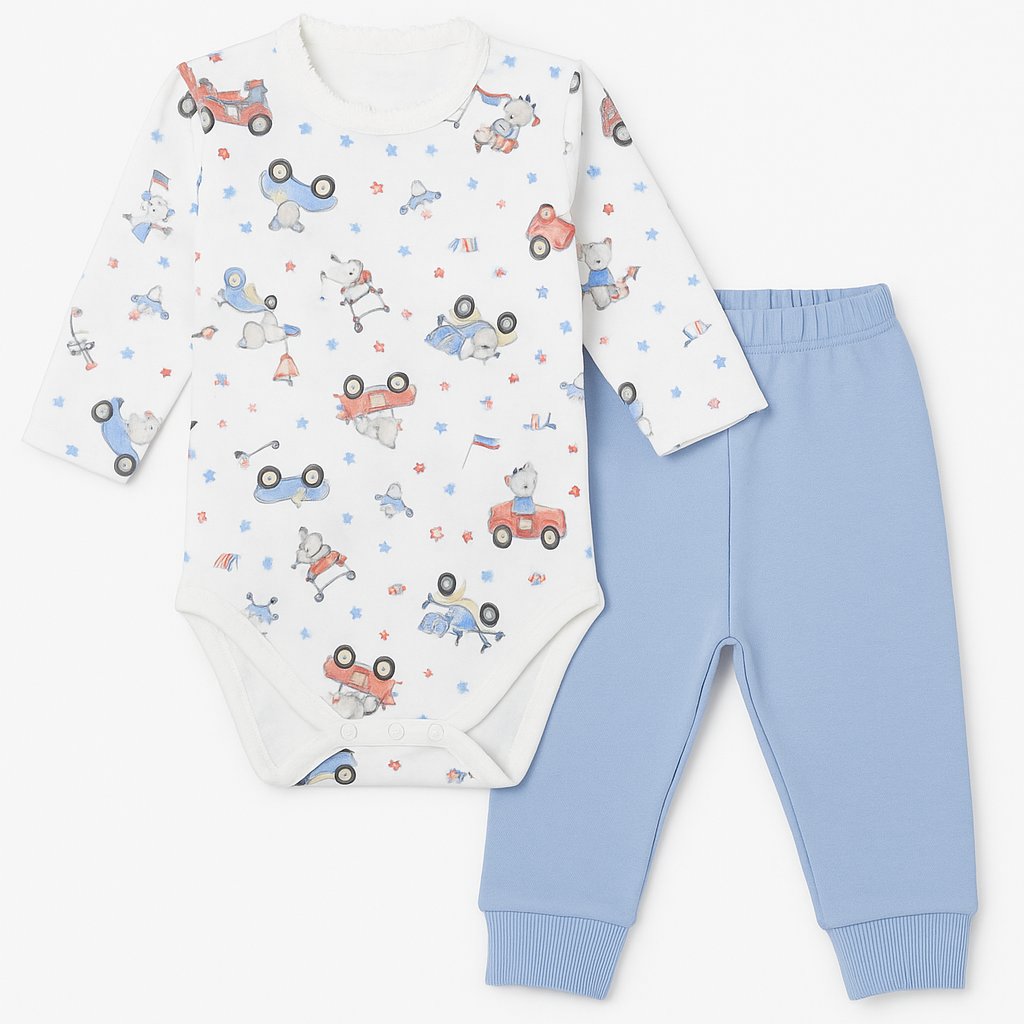 Conjunto Algodon Medio Osito Sin Pie Body M/L Estampada Autitos