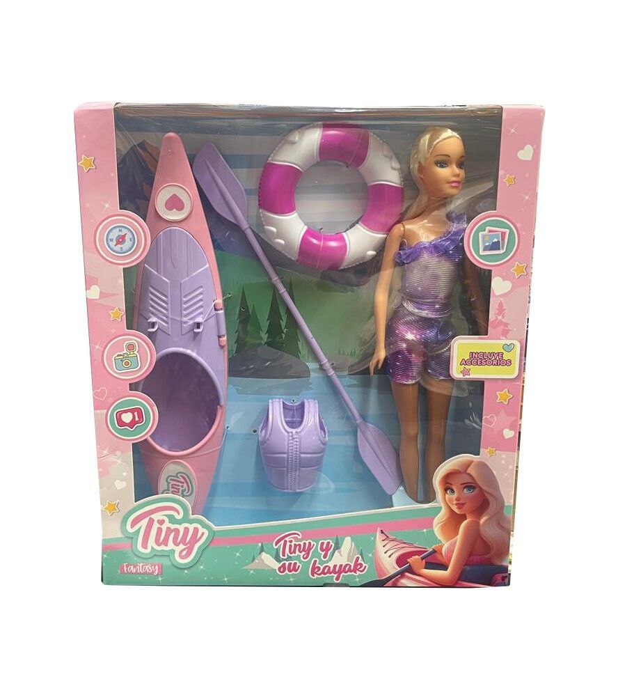 Muñeca Articula Tiny Y Su Kayak Con Accesorios