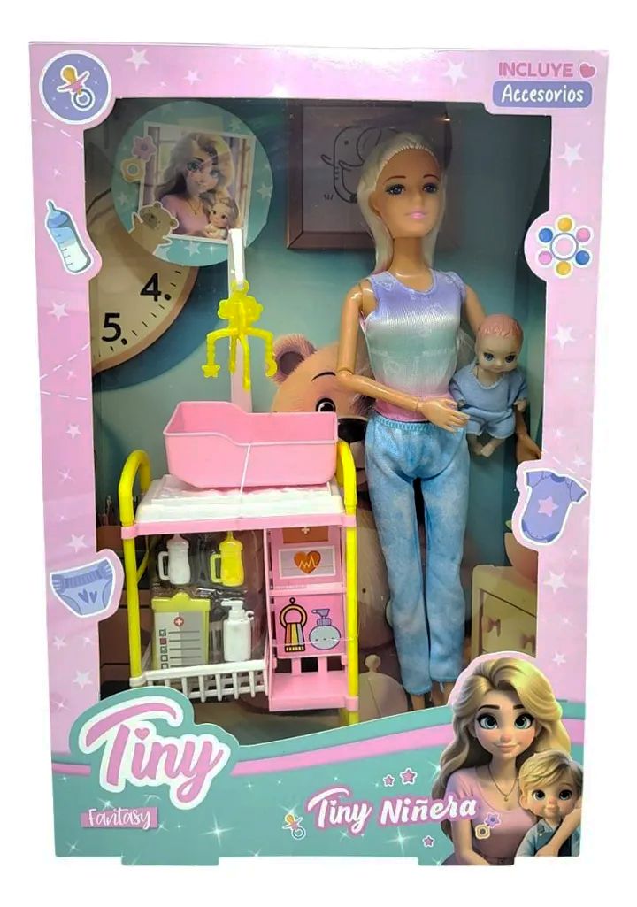 Muñeca Articulada Tiny Niñera Con Accesorios