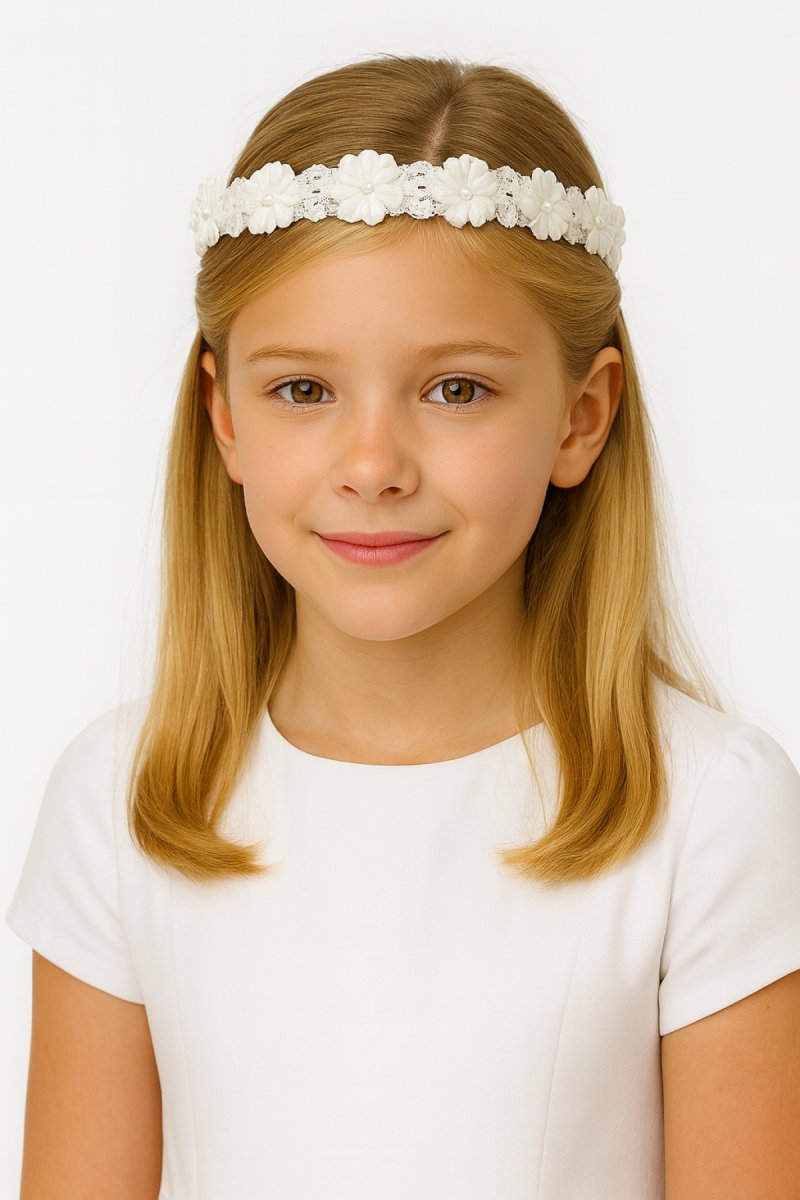 Corona Comunión de Flores Puntilla y Moño