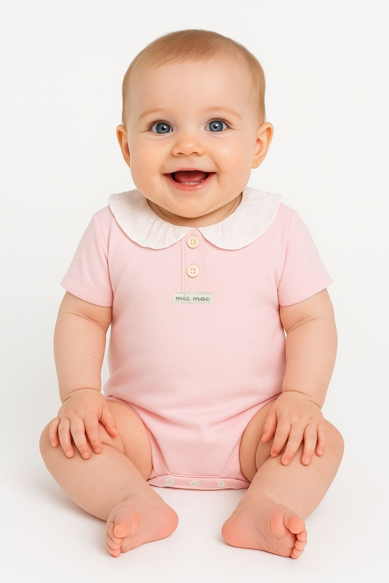 Body De Algodon Pañalero Manga Corta Cuello con Broderie