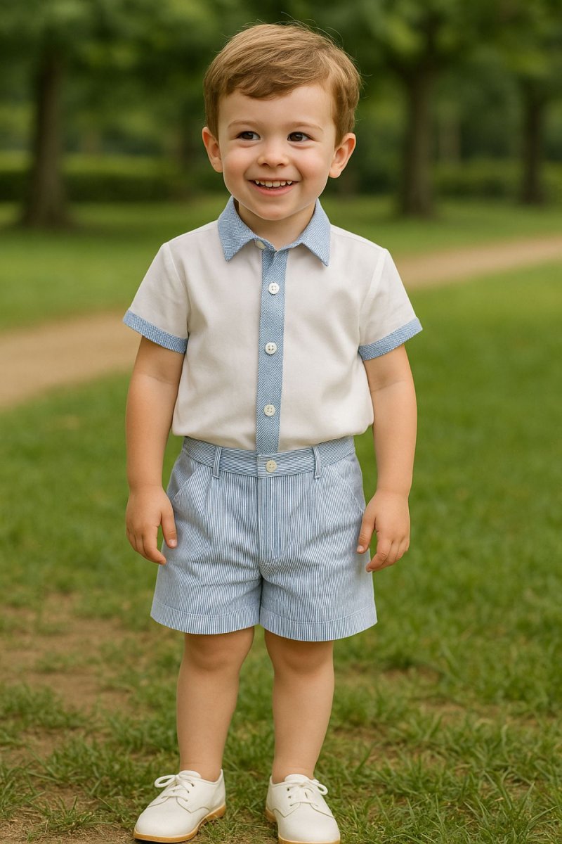 Conjunto Bautismo Short Rayado y Camisa Manga Corta