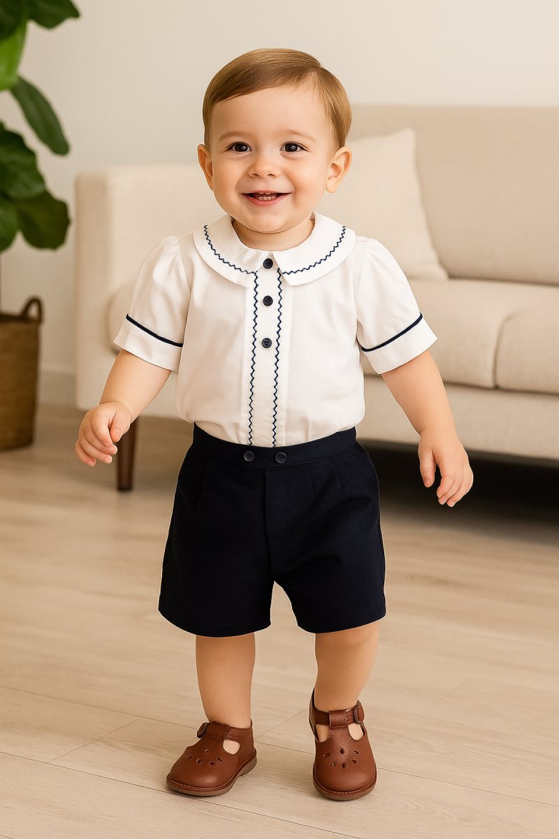 Conjunto Bautismo Short y Camisa Bordada Manga Corta