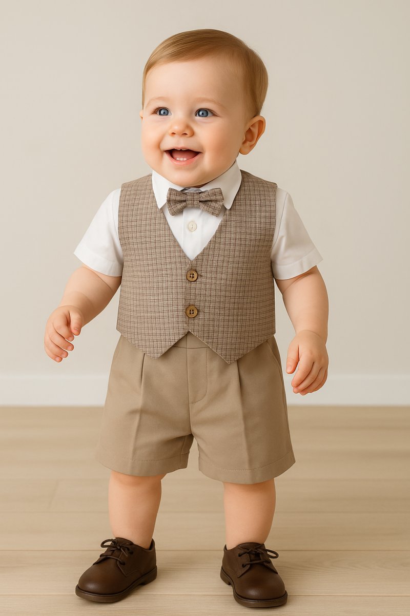 Conjunto Bautismo 3 pieza Bermuda Camisa y Chaleco