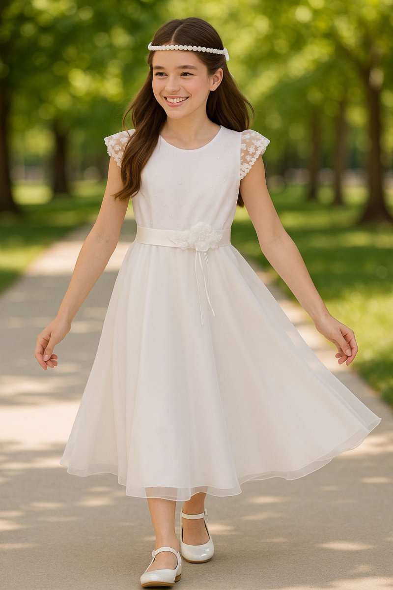 Vestido Comunion De Organza Bordada y Faja Con Detalle