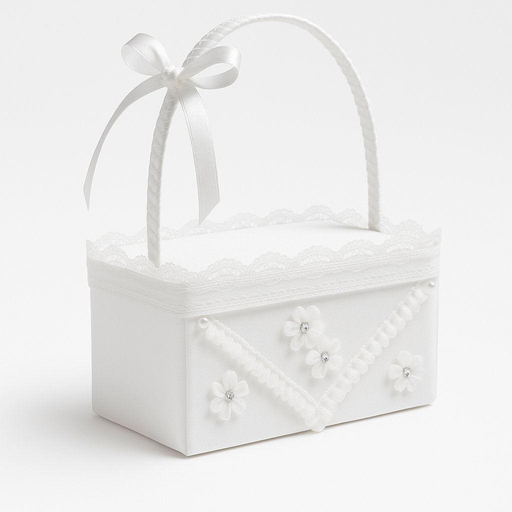 Canasta Comunion Rectangular De Tull Con Tapa Y Apliques De Flores