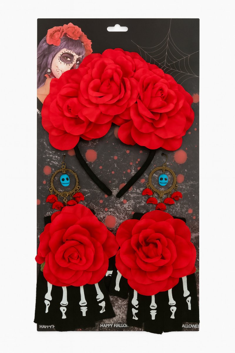 Set Catrina Vincha + Aros + Guantes - Dia De Muertos - Acessorios Disfraz