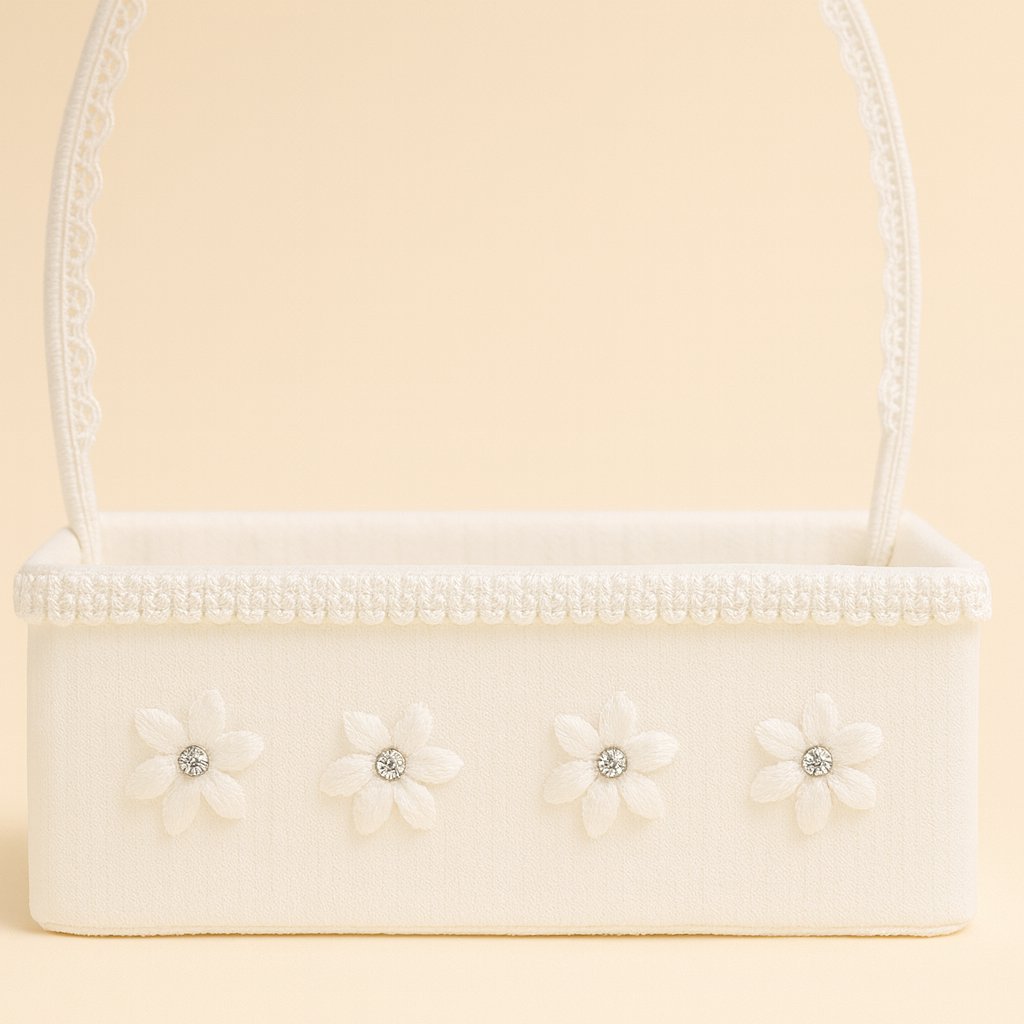 Canasta Comunion Rectangular De Tull Con Apliques De Flores