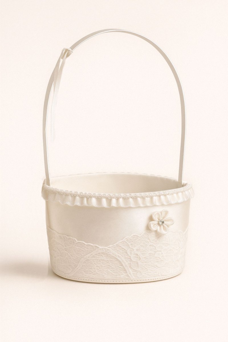 Canasta Comunion De Tull En Forma Circular Con Tapa Y Apliques De Flores