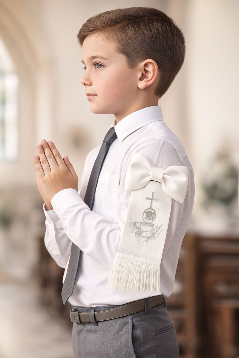 Brazal Comunion Piel De Angel Bordado caliz y Hostia Lurex