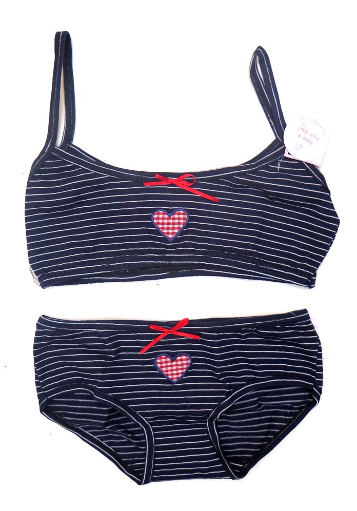 Conjunto Bombacha Y Corpiño Rayado Corazon Bordado