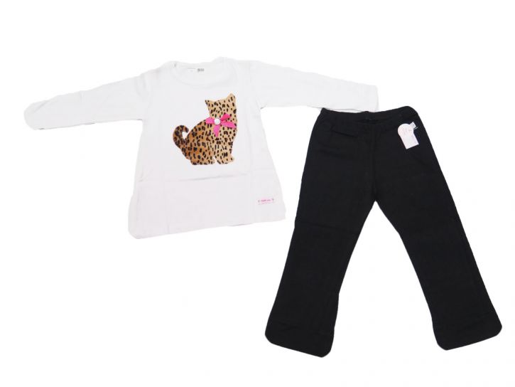 Pijama Invierno Remera Manga Larga con Gato Animal Print y Pantalon Liso