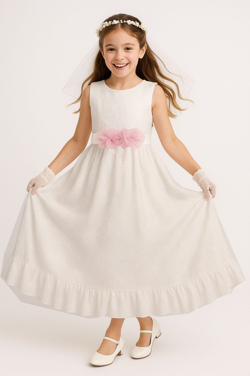 Vestido Sin Manga Con Guarda De Broderie Y Faja Con Flor En El Centro