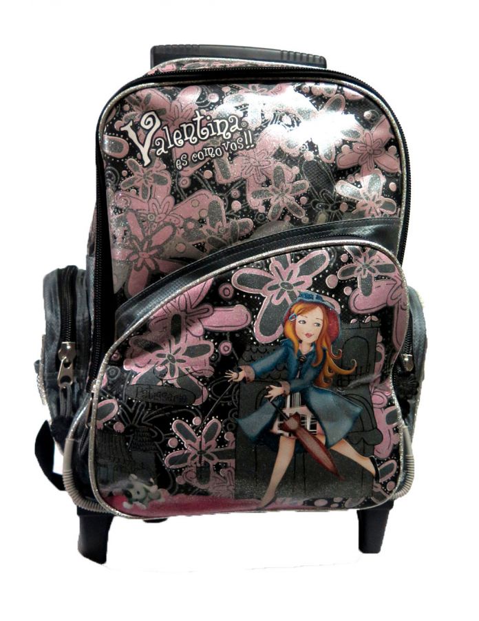Mochila de Valentina con carro brillitos. Valentina con paraguas en bolsillo inferior