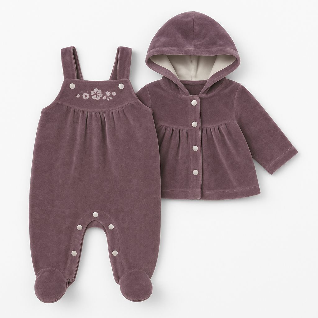 Conjunto Plush Campera y Jardinero Bordado En Flores Con Pie