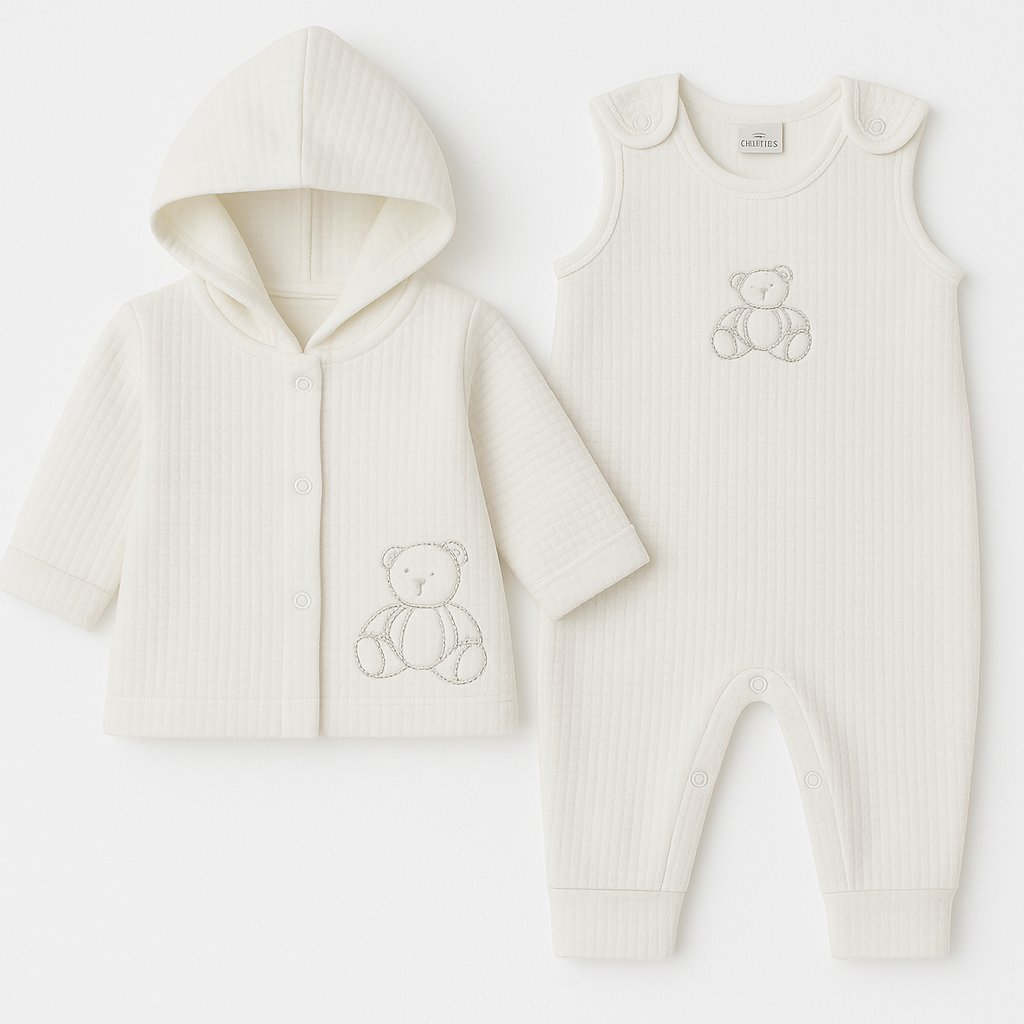 Conjunto Algodon Jardinero Bordado En Osito y Campera  Matelase