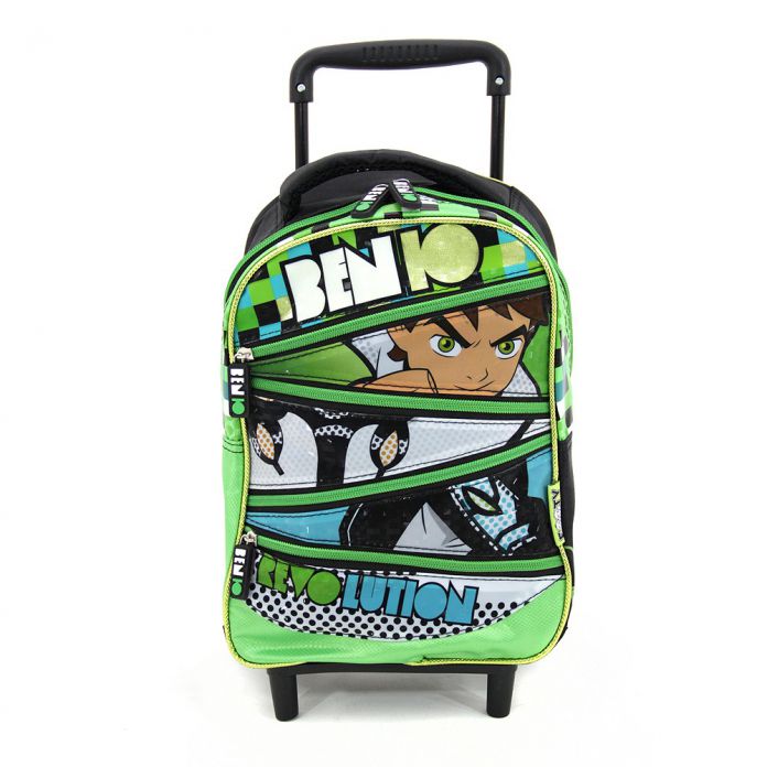 Mochila chica con carro Ben 10 revolution con 4 cierres de bolsillos frontales en zig zag con imagen entre cada cierre vinilica
