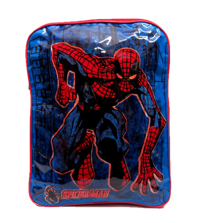 Mochila Spider Man Hombre araña Eco Espalda sin bolsillos dice Spider-Man y una araña abajo a la izquierda fondo azul parte trasera de la mochila es roja Forma cuadrada