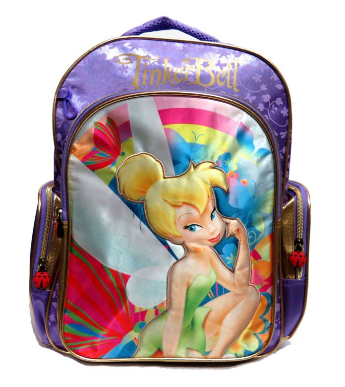 mochila Espalda Campanita Tinker Bell bordes dorados 2 bolsillos laterales