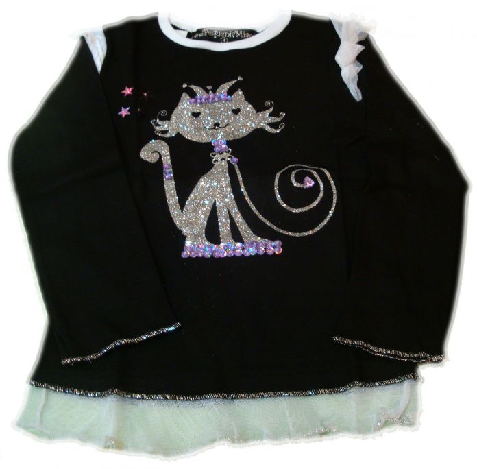 Remera Manga Larga con Estampado Brillante y Lentejuelas de Gato Con Corona