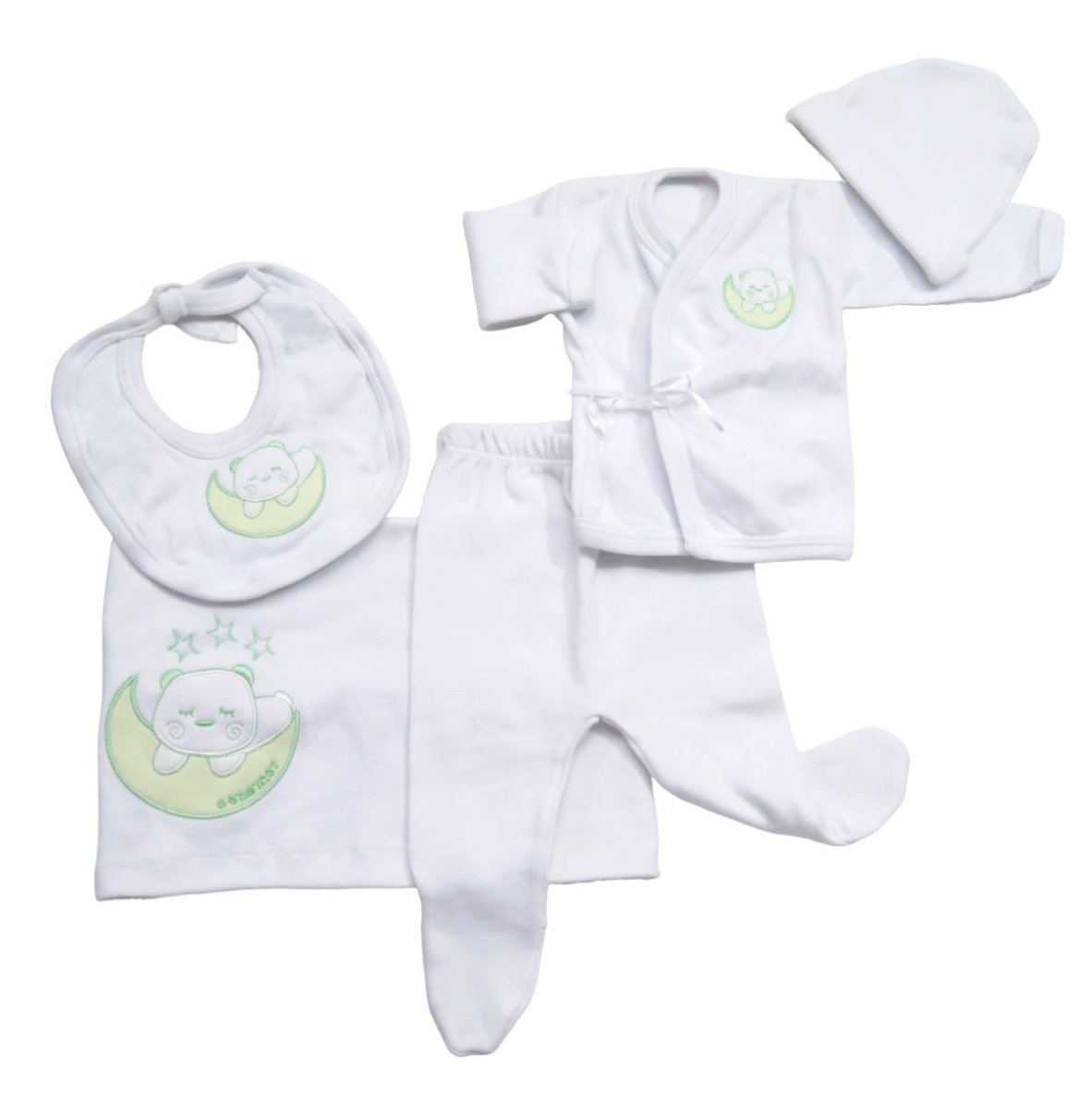 Set de 5 piezas algodon (mantita, 1/2 osito, batita gorro, babero)