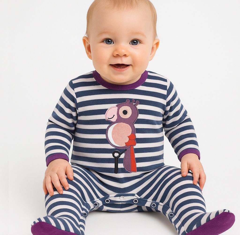 enterito con pie de plush rayado con aplique de lorito 0m-9m