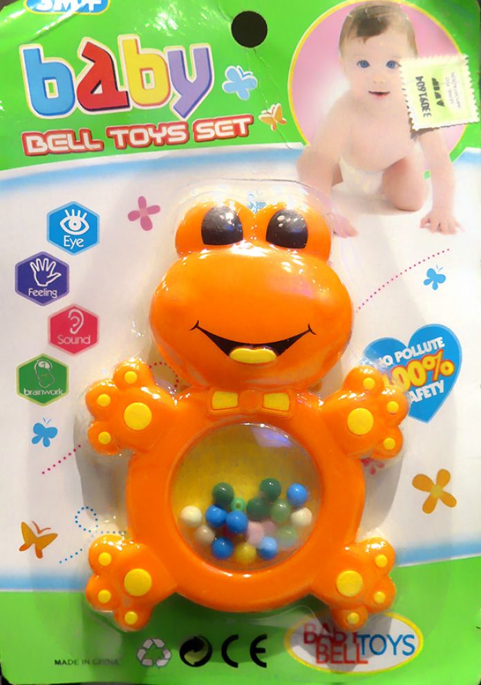 sonajero en forma de rana color naranja y amarillo en blister