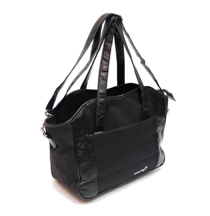 bolso cambiador COLOR NEGRO Cartera de tela combinado con cuerina y cambiador plegable