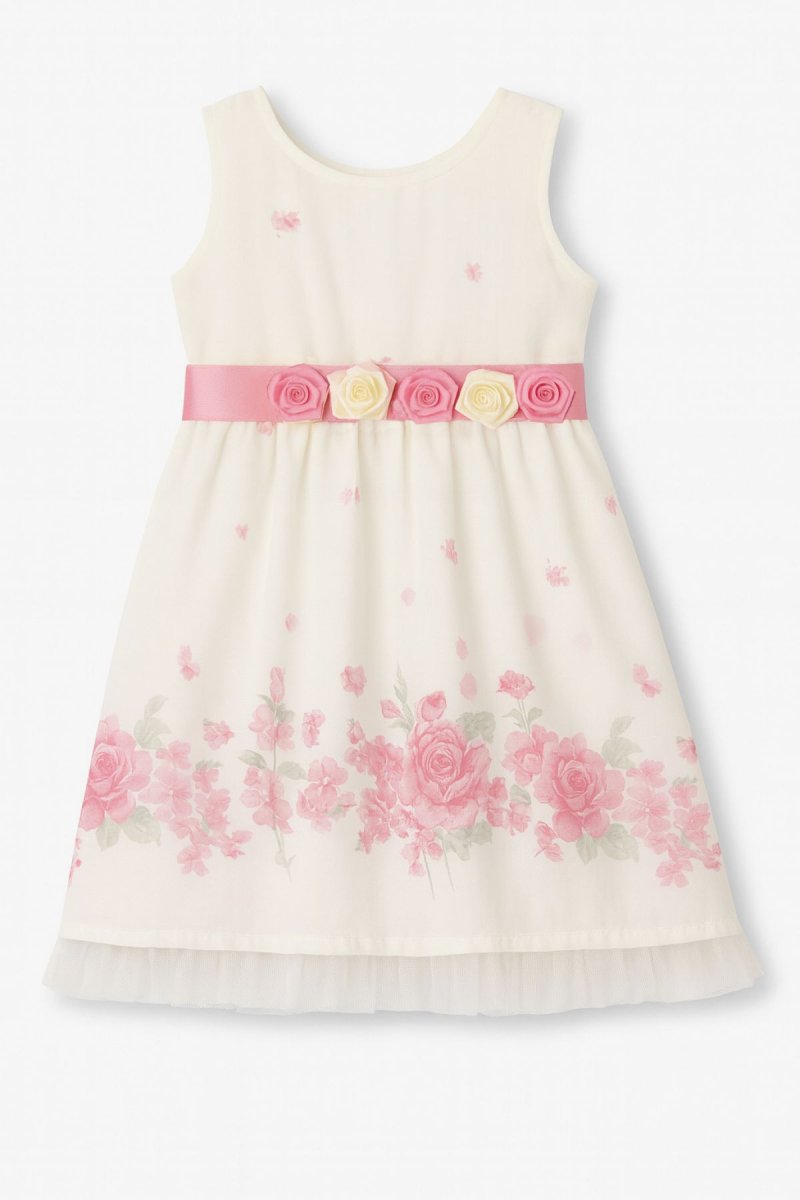 Vestido Blanco Con Flores Con Faja En Razo Y Flores Aplicadas En La Faja